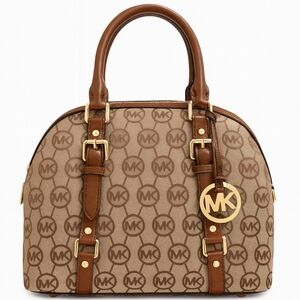 Michael Michael Kors Brown And Beige Bedford Bowling Monogram Jacquard Satchel